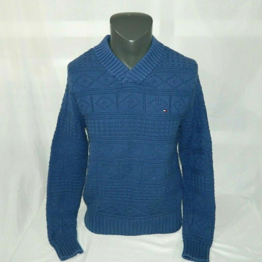 Tommy Hilfiger Blue V Neck Cotton chunky Knit pullover Sweater Mens M